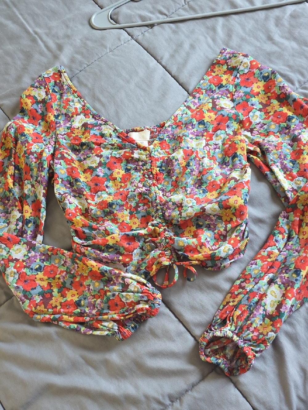 H&M Floral Ruched Long-Sleeve Crop Top - Red, Yellow, Green, Purple
